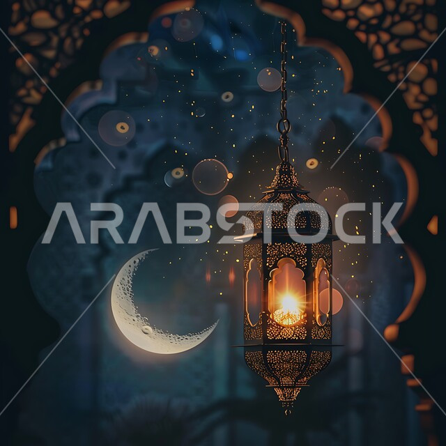 التصميم العصري للفوانيس والتحف التقليدية, إضاءة المصباح المعدني المزخرف مع الهلال، قدوم شهر رمضان المبارك، مفهوم الاحتفال بالمناسبات والأعياد الدينية الاسلامية، اكسسوارت وزينة متميزة، فرحة المسلمين بقدوم شهرالخير