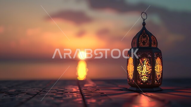  قدوم شهر رمضان المبارك، فانوس عربي معدني مزخرف مضيء، مفهوم الاحتفال بالمناسبات والأعياد الدينية الاسلامية، اكسسوارت وزينة متميزة، فرحة المسلمين بقدوم شهرالخير، التصميم العصري للمصابيح والتحف التقليدية