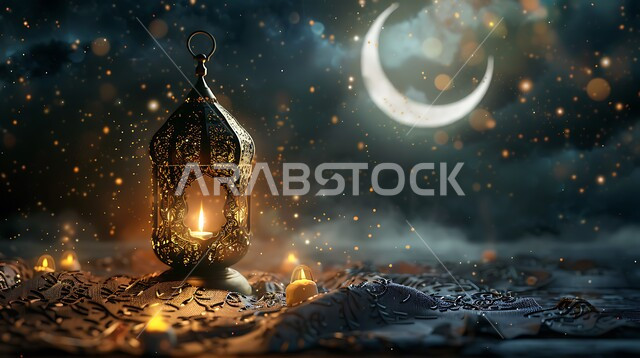 إضاءة المصباح المعدني المزخرف مع الهلال، قدوم شهر رمضان المبارك، مفهوم الاحتفال بالمناسبات والأعياد الدينية الاسلامية، اكسسوارت وزينة متميزة، فرحة المسلمين بقدوم شهرالخير، التصميم العصري للفوانيس والتحف التقليدية