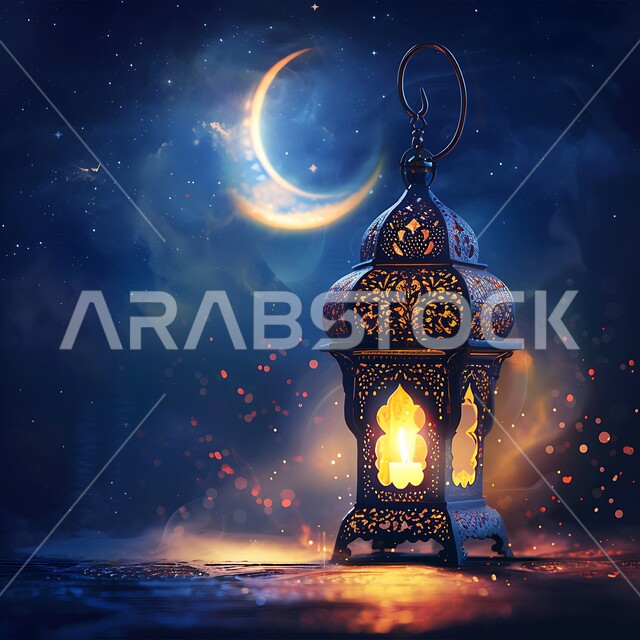 التصميم العصري للفوانيس والتحف التقليدية, إضاءة المصباح المعدني المزخرف مع الهلال، قدوم شهر رمضان المبارك، مفهوم الاحتفال بالمناسبات والأعياد الدينية الاسلامية، اكسسوارت وزينة متميزة، فرحة المسلمين بقدوم شهرالخير