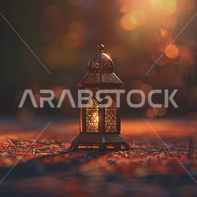  قدوم شهر رمضان المبارك، فانوس عربي معدني مزخرف مضيء، مفهوم الاحتفال بالمناسبات والأعياد الدينية الاسلامية، اكسسوارت وزينة متميزة، فرحة المسلمين بقدوم شهرالخير، التصميم العصري للمصابيح والتحف التقليدية
