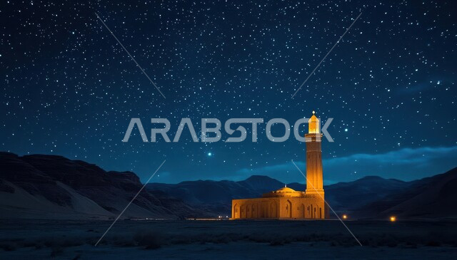 مناطق البادية والبيئة الطبيعية الصحراوية، مسجد بتصميم بسيط وسط الرمال في صحراء المملكة العربية السعودية، العبادة والتقرب إلى الله، أماكن أداء الفرائض والصلوات، منظر السماء المليئة بالنجوم في الليل