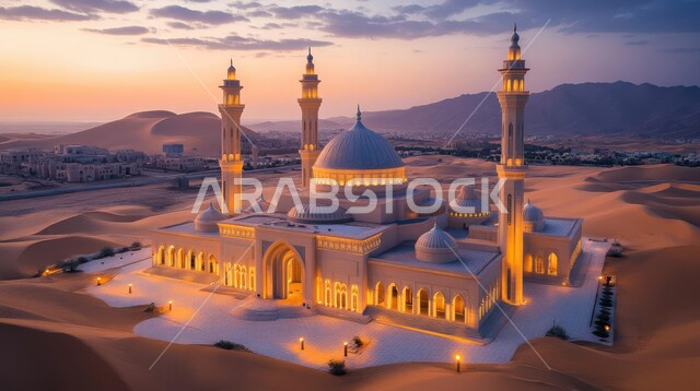 التصاميم والديكورات العصرية للقبب والمآذن، الفن الهندسي المعماري لبناء المساجد في المملكة العربية السعودية، مناطق البادية والبيئة الطبيعية الصحراوية، العبادة والتقرب إلى الله، مسجد وسط الرمال الذهبية الناعمة وقت الغروب