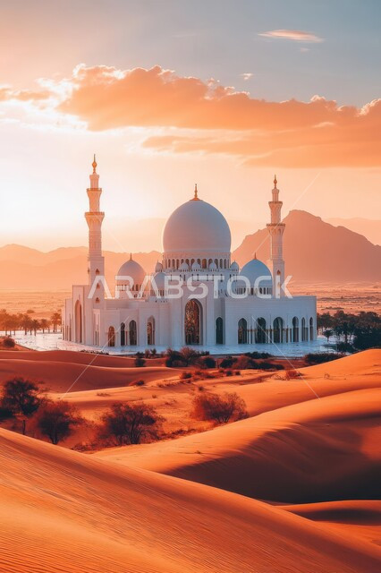 الفن الهندسي المعماري لبناء المساجد في المملكة العربية السعودية، التصاميم والديكورات العصرية للقبب والمآذن، العبادة والتقرب إلى الله، مسجد وسط الرمال الذهبية الناعمة والنباتات البرية وقت الغروب، مناطق البادية والبيئة الطبيعية الصحراوية