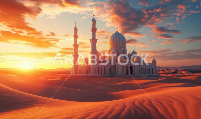 التصاميم والديكورات العصرية للقبب والمآذن، الفن الهندسي المعماري لبناء المساجد في المملكة العربية السعودية، مناطق البادية والبيئة الطبيعية الصحراوية، العبادة والتقرب إلى الله، مسجد وسط الرمال الذهبية الناعمة وقت الغروب