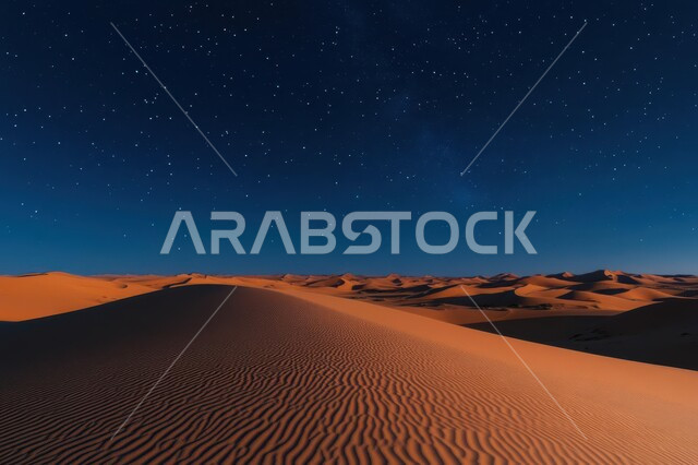 منظر السماء المليئة بالنجوم في الليل، مناطق البادية والبيئة الطبيعية الصحراوية، الهضاب والتلال الرملية، الرمال الذهبية الناعمة والكثبان في صحراء المملكة العربية السعودية، خلفية الطبيعة