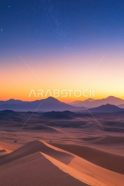 مناطق البادية والبيئة الطبيعية الصحراوية، الهضاب والتلال الرملية، الرمال الذهبية الناعمة والكثبان في صحراء المملكة العربية السعودية، منظر السماء وقت غروب الشمس، خلفية االطبيعة