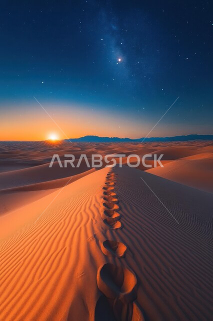 الرمال الذهبية الناعمة والكثبان في صحراء المملكة العربية السعودية، منظر السماء المليئة بالنجوم وقت غروب الشمس،  الهضاب والتلال الرملية، مناطق البادية والبيئة الطبيعية الصحراوية، خلفية الطبيعة