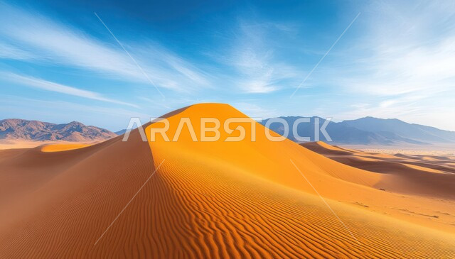 مناطق البادية والبيئة الطبيعية الصحراوية، الهضاب والتلال الرملية، الرمال الذهبية الناعمة والكثبان في صحراء المملكة العربية السعودية، منظر السحب في السماء في النهار، خلفية الطبيعة