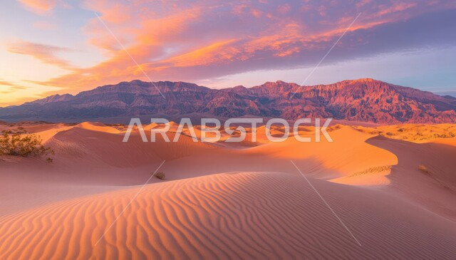 View of cloudy sky at sunset, sand dunes and plateaus, soft golden sand and dunes in the desert of Saudi Arabia, desert areas and desert natural environment, nature background