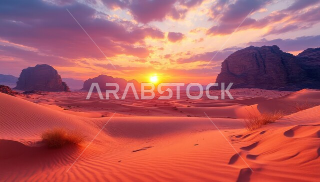 التكوينات الصخرية والهضاب والتلال الرملية، منظر السماء المليئة بالسحب وقت غروب الشمس، الرمال الذهبية الناعمة والكثبان في صحراء المملكة العربية السعودية، مناطق البادية والبيئة الطبيعية الصحراوية، خلفية الطبيعة