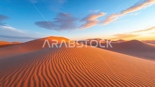 Sand formations and formations in the desert of the Kingdom of Saudi Arabia, desert areas and desert natural environment, view of the sky filled with clouds at sunset, plateaus and hills of soft golden sand, nature background