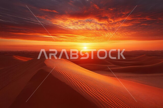 مناطق البادية والبيئة الطبيعية الصحراوية في وقت الغروب، الهضاب و التلال من الرمال الناعمة الذهبية، التشكلات والتكوينات الرملية في صحراء المملكة العربية السعودية، خلفية الطبيعة