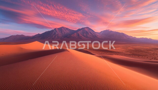 الهضاب و التلال من الرمال الناعمة الذهبية، التشكلات والتكوينات الرملية في صحراء المملكة العربية السعودية، مناطق البادية والبيئة الطبيعية الصحراوية في وقت الغروب ,خلفية الطبيعة