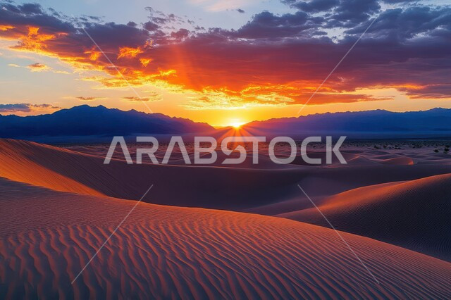 منظر السماء المليئة بالغيوم وقت الغروب، الهضاب و التلال من الرمال الناعمة الذهبية، التشكلات والتكوينات الرملية في صحراء المملكة العربية السعودية، مناطق البادية والبيئة الطبيعية الصحراوية، خلفية الطبيعة