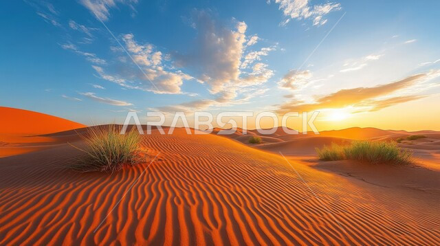 Sky view with clouds in the middle of desert at sunset, soft golden undulating sand and desert terrain, wild plants growing in sandy environment in Saudi Arabia desert, nature background