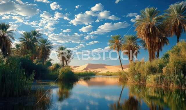 منظر السماء المليئة بالغيوم في النهار، واحات ومزارع أشجار النخيل في الطبيعة الصحراوية حول البحيرات المائية، محاصيل ومنتجات زراعية محلية، المحميات الطبيعية في المملكة العربية السعودية، مناطق رحلات السفاري الترفيهية، خلفية الطبيعة