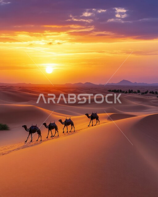 مجموعة من الجمال تسير فوق الكثبان الرملية في الصحراء، استخدام الإبل في التنقل في صحارى المملكة العربية السعودية، الرمال الذهبية الناعمة والتلال الرملية، منظر السماء المليئة بالسحب وقت غروب الشمس، محميات طبيعية للعناية بالنوق الأصيلة