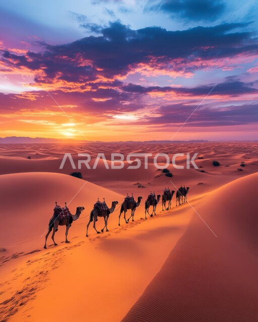 مجموعة من الجمال تسير فوق الكثبان الرملية في الصحراء، استخدام الإبل في التنقل في صحارى المملكة العربية السعودية، الرمال الذهبية الناعمة والتلال الرملية، منظر السماء المليئة بالسحب وقت غروب الشمس، محميات طبيعية للعناية بالنوق الأصيلة