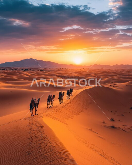 استخدام الإبل في التنقل في صحارى المملكة العربية السعودية، محميات طبيعية للعناية بالنوق الأصيلة، مجموعة من الجمال تسير فوق الكثبان الرملية في الصحراء، الرمال الذهبية الناعمة والتلال الرملية، منظر السماء المليئة بالسحب وقت غروب الشمس