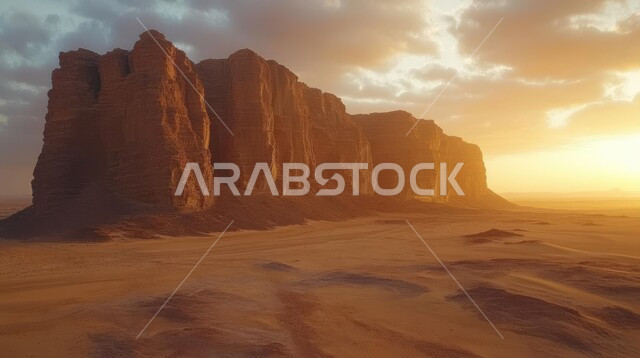Rock formations and formations in the desert, rocky peaks and heights in the middle of the sandy environment, landscapes in the desert areas of Saudi Arabia, view of the sky filled with clouds at sunset, nature background