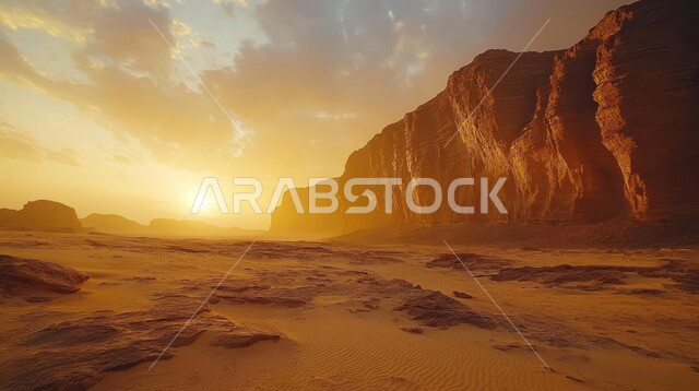 القمم والمرتفعات الصخرية وسط البيئة الرملية، المناظر الطبيعية في المناطق الصحراوية في المملكة العربية السعودية، منظر السماء المليئة بالغيوم وقت الغروب، التكوينات والتشكيلات من الصخور الحجرية في الصحراء، خلفية الطبيعة