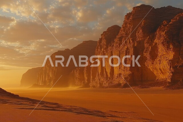 المناظر الطبيعية في المناطق الصحراوية في المملكة العربية السعودية، منظر السماء المليئة بالغيوم وقت الغروب، التكوينات والتشكيلات من الصخور الحجرية في الصحراء، القمم والمرتفعات الصخرية وسط البيئة الرملية، خلفية الطبيعة