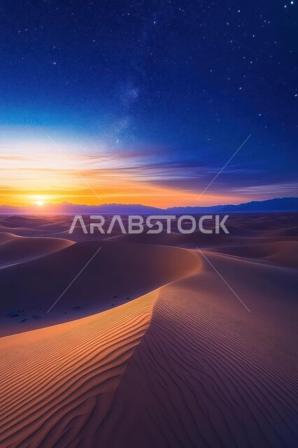 منظر السماء الصافية المليئة بالنجوم وقت الغروب، الهضاب و التلال من الرمال الذهبية الناعمة، التشكلات والتكوينات الرملية في صحراء المملكة العربية السعودية، مناطق البادية والبيئة الطبيعية الصحراوية، خلفية الطبيعة