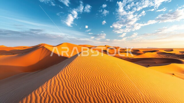 الهضاب و التلال من الرمال الناعمة الذهبية، التشكلات و التكوينات الرملية في صحراء المملكة العربية السعودية، مناطق البادية والبيئة الطبيعية الصحراوية في وقت النهار ,خلفية الطبيعة
