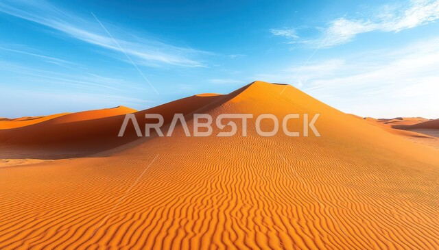 الرمال الذهبية الناعمة المتموجة والتضاريس الصحراوية، البيئة الرملية في صحراء المملكة العربية السعودية، منظر السماء مع السحب وسط الصحاري في النهار، خلفية الطبيعة