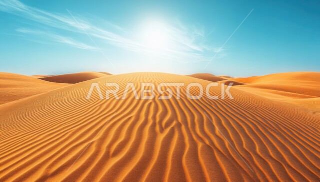 الرمال الذهبية الناعمة المتموجة والتضاريس الصحراوية، البيئة الرملية في صحراء المملكة العربية السعودية، منظر السماء الصافية وسط الصحاري في النهار، خلفية الطبيعة