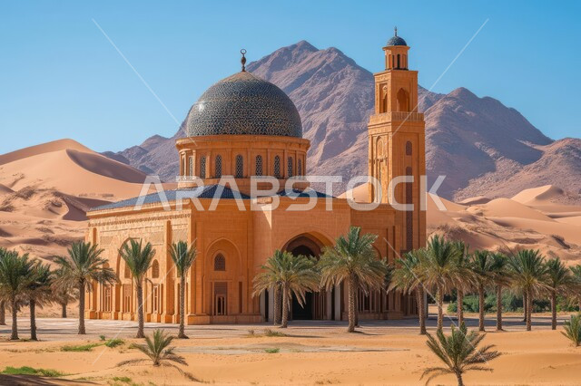 التصاميم والديكورات العصرية للقبب والمآذن، العبادة والتقرب إلى الله، مناطق البادية والبيئة الطبيعية الصحراوية، مسجد وسط الرمال الذهبية في صحراء المملكة العربية السعودية، الفن الهندسي المعماري لبناء المساجد، الاهتمام بزراعة أشجار النخيل والنباتات الخضراء