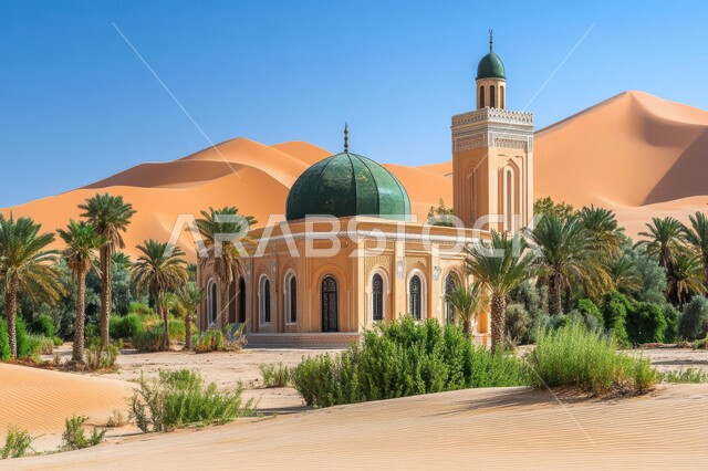 مناطق البادية والبيئة الطبيعية الصحراوية، مسجد وسط الرمال الذهبية في صحراء المملكة العربية السعودية، التصاميم والديكورات العصرية للقبب ووالمآذن، العبادة والتقرب إلى الله، الفن الهندسي المعماري لبناء المساجد، الاهتمام بزراعة أشجار النخيل والنباتات الخضراء