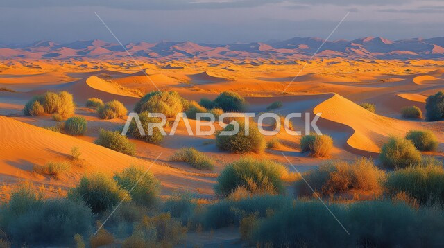 نمو النباتات البرية والشوكية في مناطق البادية والبيئة الطبيعية الصحراوية، الهضاب و التلال من الرمال الناعمة الذهبية وقت غروب الشمس، التشكلات والتكوينات الرملية في صحراء المملكة العربية السعودية، خلفية الطبيعة