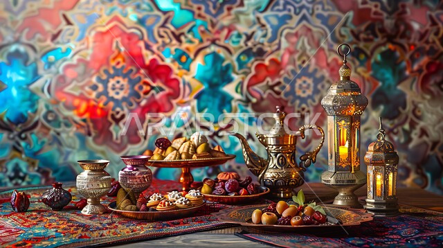 Rituals and decorations of the holy month of Ramadan, a table full of various food dishes, generosity and offering the most delicious types of dates and sweets, the concept of Arab hospitality, good reception of guests and visitors, celebrating Islamic occasions, a Ramadan table decorated with illuminated lanterns