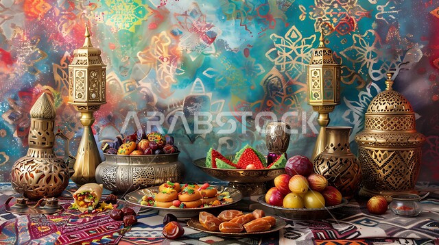 ديكورات وأنوار في الأجواء الرمضانية الروحانية، فوانيس و تحف اسلامية تقليدية للاحتفال بقدوم شهر الخير، ضيافة شهر رمضان المبارك، التحف والاكسسوارات بجانب أطباق من التمر والفواكه المجففة، فوانيس عربية معدنية مزخرفة مضيئة