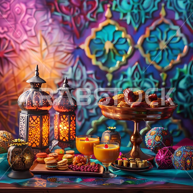 طاولة رمضانية مزينة بالفوانيس المضيئة, طقوس وزينة شهر رمضان المبارك, مائدة مليئة أطباق الطعام المختلفة, الكرم وتقديم أشهى أنواع التمور والحلويات، مفهوم الضيافة العربية، حسن استقبال الضيوف والزوار، الاحتفال بالمناسبات الاسلامية