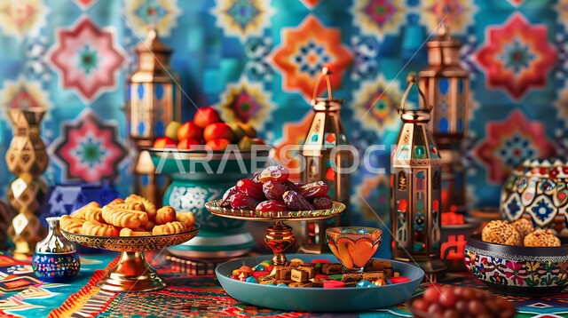 ضيافة شهر رمضان المبارك، التحف والاكسسوارات بجانب أطباق من التمر والفواكه المجففة، فوانيس عربية معدنية مزخرفة، ديكورات وأنوار في الأجواء الرمضانية الروحانية، تحف اسلامية ومصابيح تقليدية للاحتفال بقدوم شهر الخير