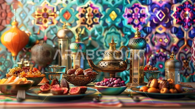 تحف اسلامية ومصابيح تقليدية للاحتفال بقدوم شهر الخير، ضيافة شهر رمضان المبارك، الاكسسوارات والزينة بجانب أطباق من التمر والفواكه المجففة، فوانيس عربية معدنية مزخرفة، ديكورات وأنوار في الأجواء الرمضانية الروحانية