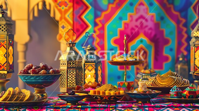 طقوس وزينة شهر رمضان المبارك, مائدة مليئة أطباق الطعام المختلفة, الكرم وتقديم أشهى أنواع التمور والحلويات، مفهوم الضيافة العربية، حسن استقبال الضيوف والزوار، الاحتفال بالمناسبات الاسلامية، طاولة رمضانية مزينة بالفوانيس المضيئة