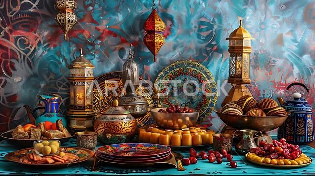 ديكورات وأنوار في الأجواء الرمضانية الروحانية، فوانيس و تحف اسلامية تقليدية للاحتفال بقدوم شهر الخير، ضيافة شهر رمضان المبارك، التحف والاكسسوارات بجانب أطباق من التمر والفواكه المجففة، فوانيس عربية معدنية مزخرفة مضيئة