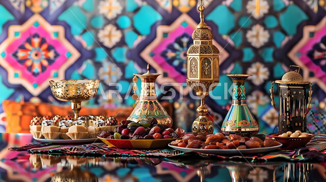 الكرم وتقديم أشهى أنواع التمور والفواكه المجففة، مفهوم الضيافة العربية، حسن استقبال الضيوف والزوار، الاحتفال بالمناسبات الاسلامية، طاولة رمضانية مزينة بالفوانيس ، طقوس وزينة شهر رمضان المبارك، مائدة مليئة أطباق التسالي المختلفة