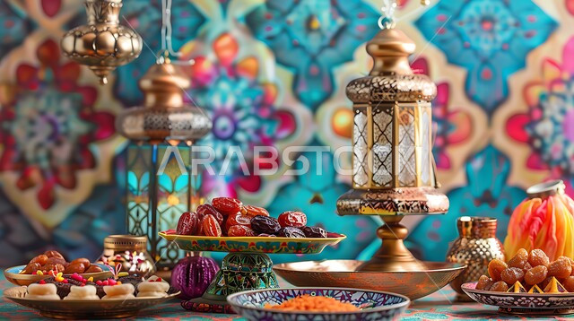 تحف اسلامية ومصابيح تقليدية للاحتفال بقدوم شهر الخير، ضيافة شهر رمضان المبارك، الاكسسوارات والزينة بجانب أطباق من التمر والفواكه المجففة، فوانيس عربية معدنية مزخرفة، ديكورات وأنوار في الأجواء الرمضانية الروحانية