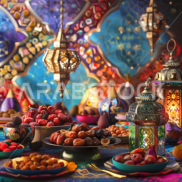 A table full of various snack dishes, generosity and offering the most delicious types of dates and dried fruits, the concept of Arab hospitality, good reception of guests and visitors, celebrating Islamic occasions, a Ramadan table decorated with lanterns, rituals and decorations of the holy month of Ramadan