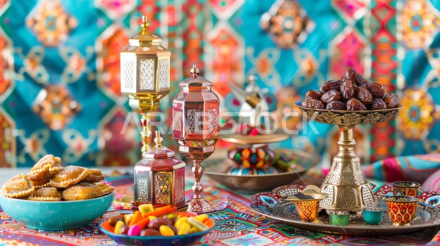 طاولة رمضانية مزينة بالفوانيس المضيئة, طقوس وزينة شهر رمضان المبارك, مائدة مليئة أطباق الطعام المختلفة, الكرم وتقديم أشهى أنواع التمور والحلويات، مفهوم الضيافة العربية، حسن استقبال الضيوف والزوار، الاحتفال بالمناسبات الاسلامية
