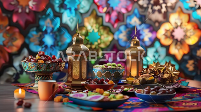 فوانيس عربية معدنية مزخرفة، ديكورات وأنوار في الأجواء الرمضانية الروحانية، تحف اسلامية ومصابيح تقليدية للاحتفال بقدوم شهر الخير، ضيافة شهر رمضان المبارك، التحف والاكسسوارات بجانب أطباق من التمر والفواكه المجففة