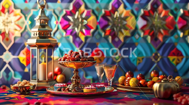 الكرم وتقديم أشهى أنواع التمور والفواكه المجففة، مفهوم الضيافة العربية، حسن استقبال الضيوف والزوار، الاحتفال بالمناسبات الاسلامية، طاولة رمضانية مزينة بالفوانيس ، طقوس وزينة شهر رمضان المبارك، مائدة مليئة أطباق التسالي المختلفة