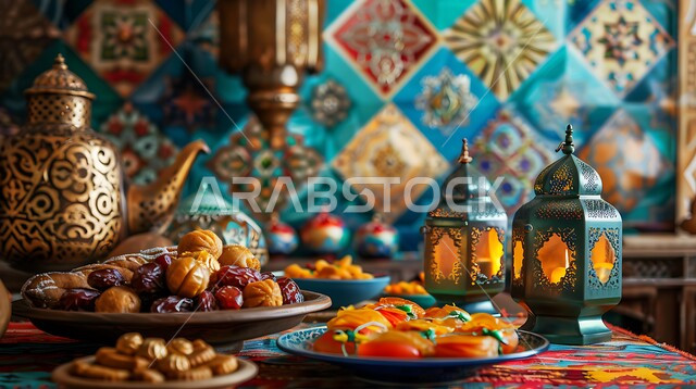 ضيافة شهر رمضان المبارك، التحف والاكسسوارات بجانب أطباق من التمر والفواكه المجففة، فوانيس عربية معدنية مزخرفة، ديكورات وأنوار في الأجواء الرمضانية الروحانية، تحف اسلامية ومصابيح تقليدية للاحتفال بقدوم شهر الخير