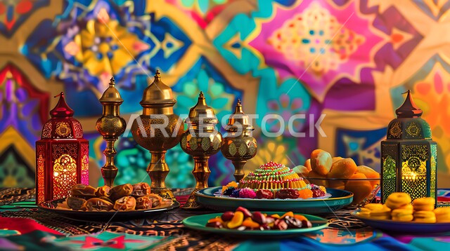 ديكورات وأنوار في الأجواء الرمضانية الروحانية، فوانيس و تحف اسلامية تقليدية للاحتفال بقدوم شهر الخير، ضيافة شهر رمضان المبارك، التحف والاكسسوارات بجانب أطباق من التمر والفواكه المجففة، فوانيس عربية معدنية مزخرفة مضيئة