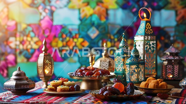 طقوس وزينة شهر رمضان المبارك, مائدة مليئة أطباق الطعام المختلفة, الكرم وتقديم أشهى أنواع التمور والحلويات، مفهوم الضيافة العربية، حسن استقبال الضيوف والزوار، الاحتفال بالمناسبات الاسلامية، طاولة رمضانية مزينة بالفوانيس المضيئة